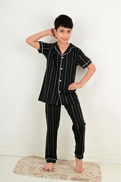 vitmo Set de pijama cu mânecă scurtă model Atlas negru pentru baieti