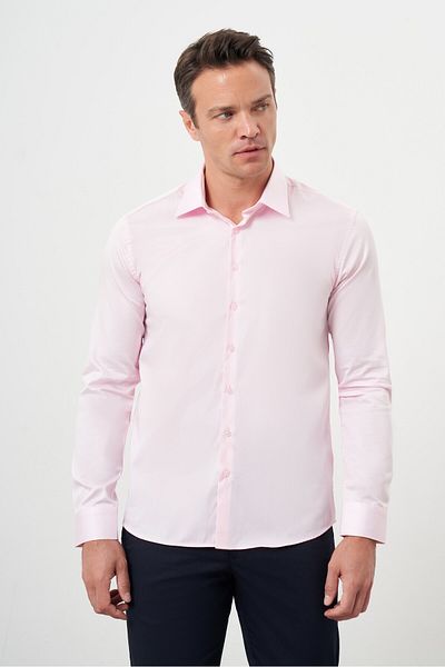 Morven Men's Pink Cotton Solid Pattern Hard Collar Slim Fit Shirt