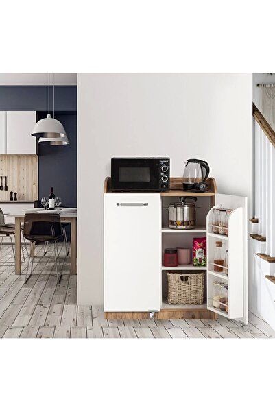 Evistro Kiler Dolabı 2 Kapaklı Kısa 165 Derece Açılır Kapak Çok Amaçlı Mutfak Dolabı Beyaz-Atlantik Çam