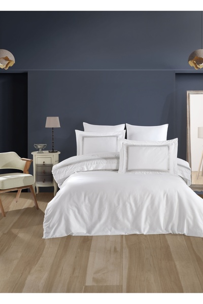 Dantela Katrina Nakışlı Pamuk Saten Nevresim Takımı  -Gri