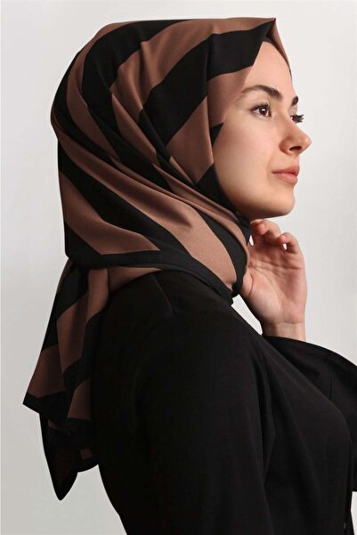 Cardion Medine Desenli Şal Eşarppark 1840-7 Şeritli Siyah Şeftali