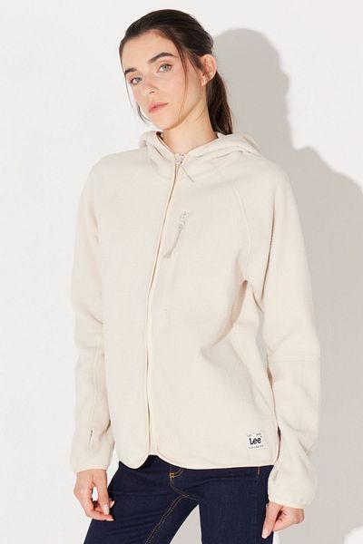 Lee Ecru-Sherpa-Cardigan-Jacke für Damen in normaler Passform mit Kapuze und Reißverschluss