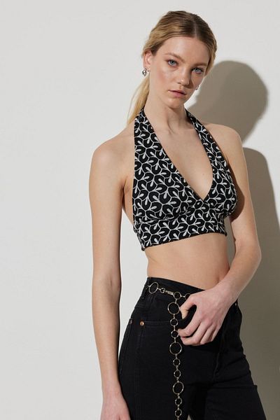 WRANGLER Regular Fit Regular Cut Halter Neck Low-Cut Women's Black Crop Blouse