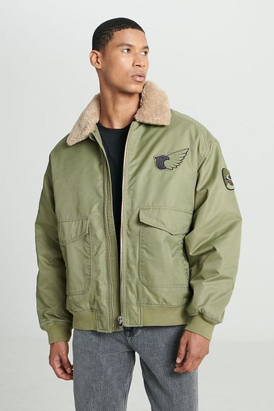 Lee Regular Fit Regular Cut Patch Detailed Sherpa Collar Khaki Bomber Jacket