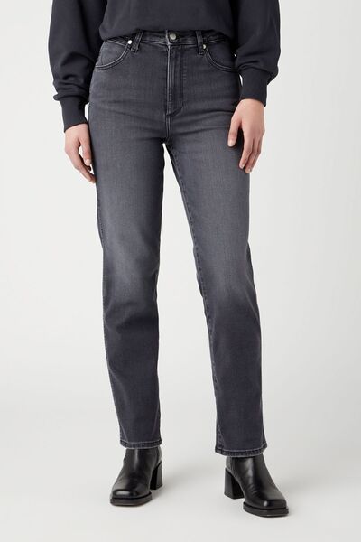 WRANGLER Straight Fit Düz Kesim Yüksek Bel Koyu Gri Esnek Mom Jean Kot Pantolon