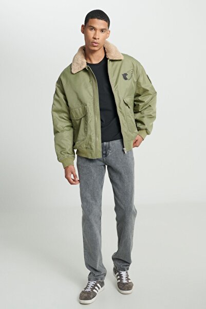 Lee Regular Fit Regular Cut Patch Detailed Sherpa Collar Khaki Bomber Jacket