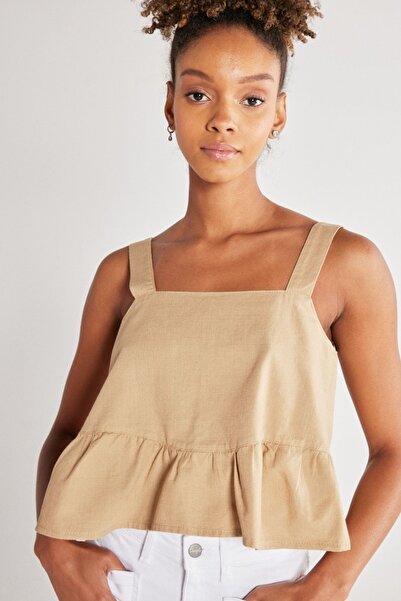 WRANGLER Regular Fit Regular Cut 100% Cotton Square Collar Beige Strap Blouse