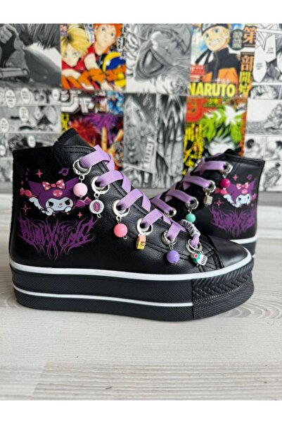 MECH BUTİK Pantofi sport din piele neagră Kuromi cu imprimeu violet - Decoraț...