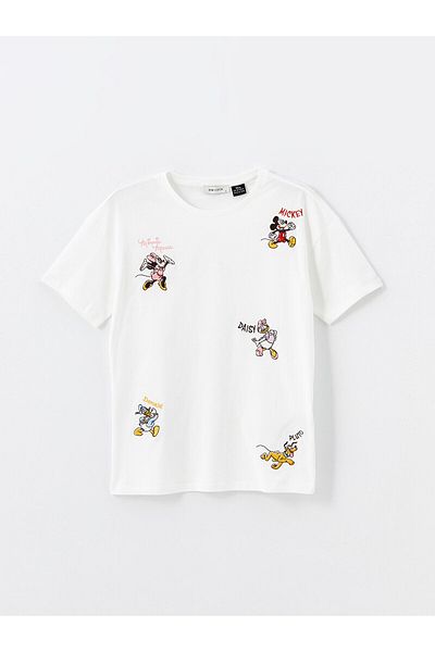 LC Waikiki Dámské tričko LCW Mickey and Friends s vyšívaným výstřihem – krátký rukáv