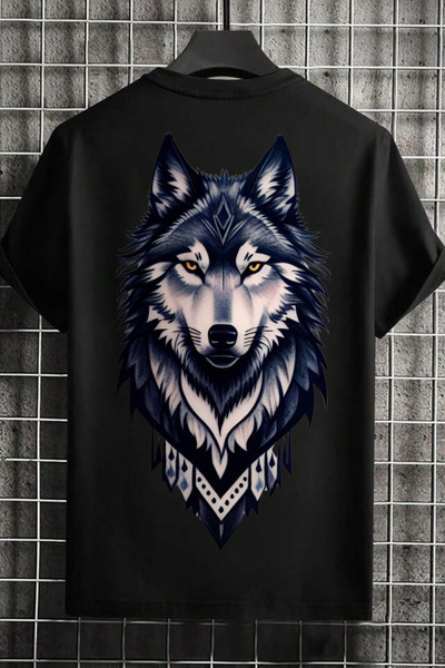 NoVibe تي شيرت قطني بأكمام قصيرة مطبوع عليه Gray Wolf للجنسين