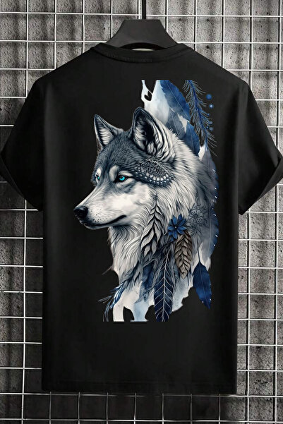 NoVibe تي شيرت قطني بأكمام قصيرة مطبوع عليه Gray Wolf للجنسين