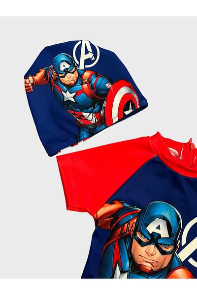 ALİŞ KİDS Navy Blue Boy's Swimsuit - Captain Pattern, Bonnet, Short Sleeve and Protective