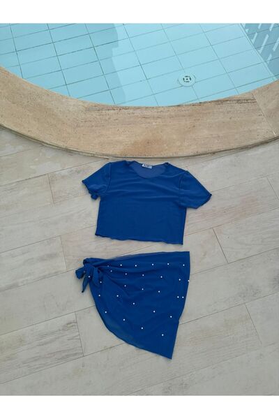 elifbilginbutik Blue Women's Pareo Set - Short Sleeve T-Shirt and Pearl Detai...