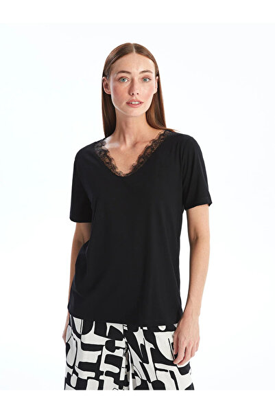 LC Waikiki LCWAIKIKI - V-neck Lace Women's Blouse, Short Sleeve