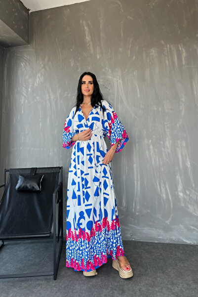 kamacibutik Ethnic Patterned Viscose Fabric - Double Breasted Collar and Slit Detailed Summer Dress