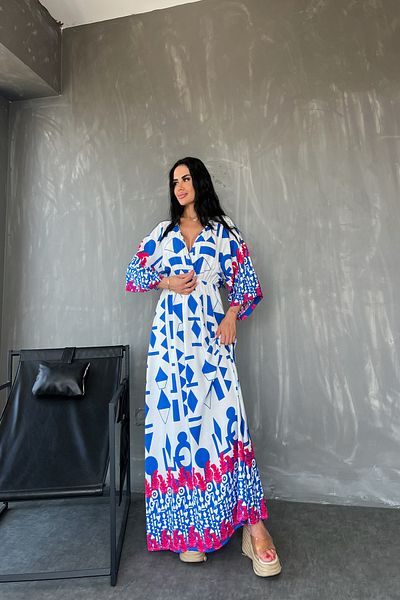 kamacibutik Țesătură de viscoză cu modele etnice - Rochie de vară cu guler dublu și cu fante