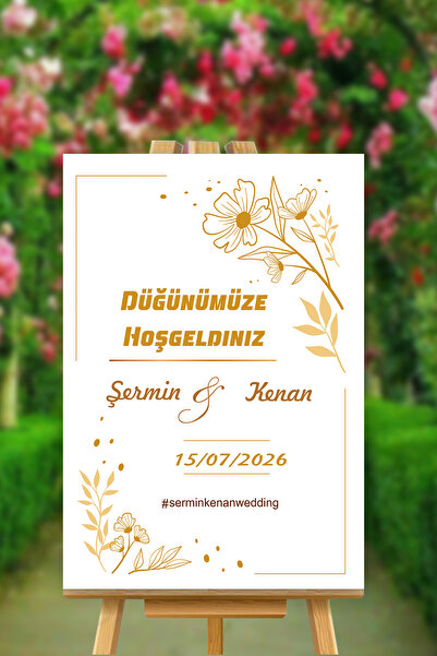 Yogi Tasarım Düğünümüze Hoşgeldiniz Yazılı Gold Çiçek Temalı Karşılama Panosu