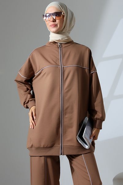 Mihran Butik Καφέ εποχιακό χτενισμένο βαμβακερό κοστούμι - Γυναικείο αθλητικό και άνετο χιτζάμπ