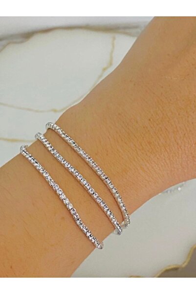 ARASKO 3 Adet Zirkon Taşlı Su Yolu Bileklik 2MM Lastikli Tam Tur Gümüş Renk