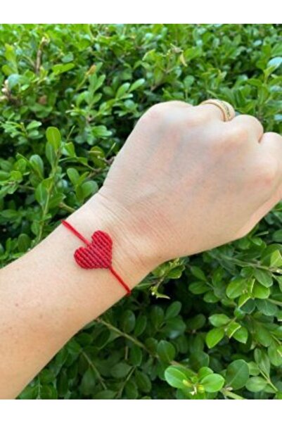 elamindunyasi Mum İp Makrome Örme Kalp Bileklik Kırmızı 5 Adet