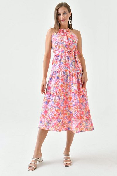 vuvutasarım Model floral roz - Rochie de vară evazată cu centură 1141