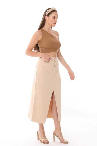 Vovikon Γυναικεία φούστα μπεζ λινό - Μοντέλο KN με μπροστινό σχιστό