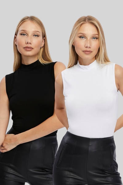 LAENT طقم جسم نسائي أبيض وأسود مكون من قطعتين - بدون أكمام