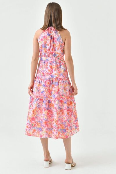 vuvutasarım Pink Floral Pattern - Belted Flared Summer Dress 1141