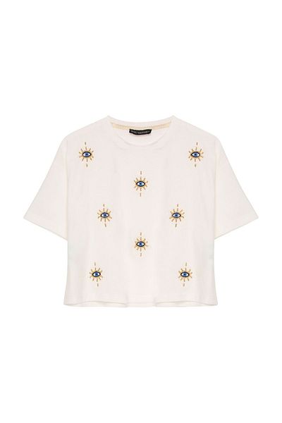 Quzu Tricou crop de bază cu mărgele și detaliu de broderie