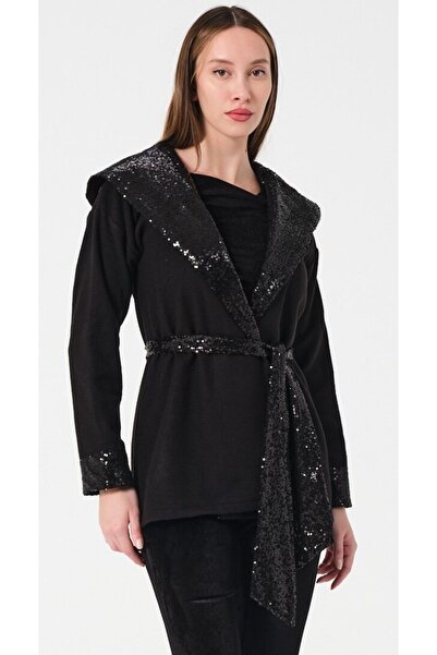 Mois Atelier Siyah Kaşe Pul Payetli Kapşonlu Kuşaklı Hırka Ceket Abiye Kaban Büyük Beden Tesettür