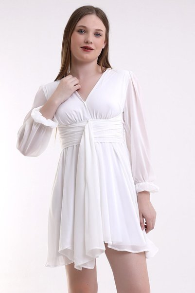 Mois Atelier Beyaz Şifon Kuşak Detaylı Mini Abiye Nikah Elbise Tasarım Hediye...
