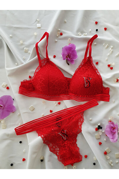 KEMSON Κόκκινο VS Κεντημένο Ειδικό Σχέδιο Δαντέλα Χωρίς Εσωρούχο Σετ - 0110