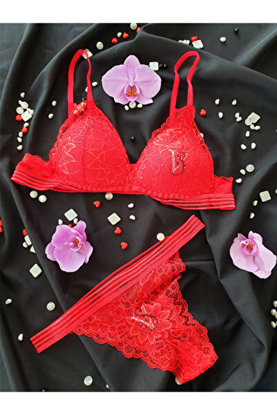 KEMSON Κόκκινο VS Κεντημένο Ειδικό Σχέδιο Δαντέλα Χωρίς Εσωρούχο Σετ - 0110