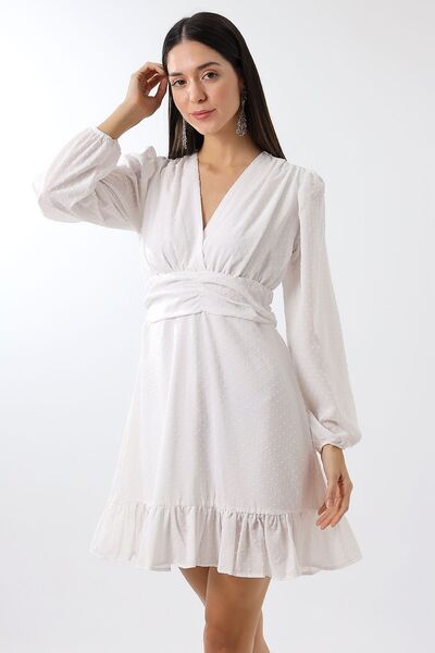 Mois Atelier Mini Rochie de Seara Texturata cu Buline Albe Marimi Plus - Deta...