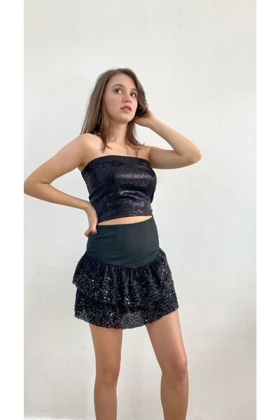 Mois Atelier Fırfırlı Pul Payetli Siyah Mini Etek Tasarım Hediye Büyük Beden