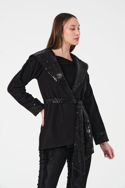 Mois Atelier Siyah Kaşe Pul Payetli Kapşonlu Kuşaklı Hırka Ceket Abiye Kaban Büyük Beden Tesettür