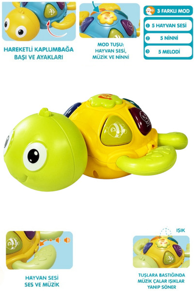 welcomein Oyuncak Işıklı ve Sesli 5 Farklı Hayvan Sesi Melodi ve Ninni Çalan Eğitici Kaplumbağa Bebek Piyanosu