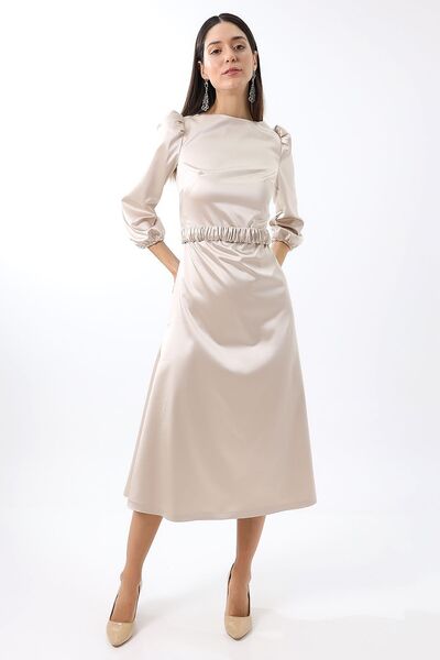 Mois Atelier Krem Saten Sırt Dekolteli N Kol Midi Abiye Nişan Elbise Hediye Büyük Beden