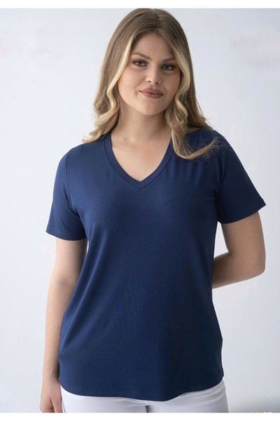 Nelly Plus Size V-Neck Half Sleeve Saxe Blue Blouse