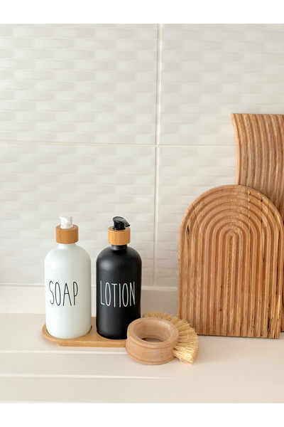Minika Home 2'li Siyah Beyaz Renk Bambu Altlıklı Cam Sabunluk Seti / Soap Lotion