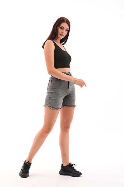 Modayıldızlar شورت دينم أسود - نسائي، مزين بشراشيب على الساق الثلجية