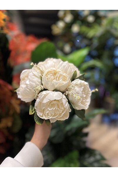 Pika Krem Şakayık Gelin Buketi - Gelin çiçeği -Yapay Gelin buketi
