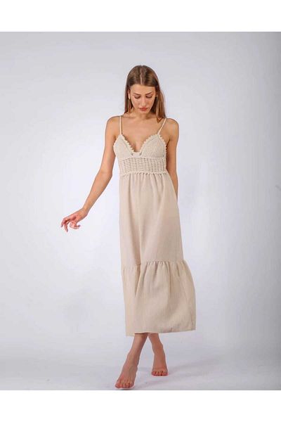 pier moda Rochie Detaliată Broderie Cu Bretele Subțiri Culoare Bej