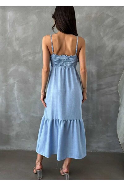 pier moda Лляне плаття - з тонким бретельками та вишивкою