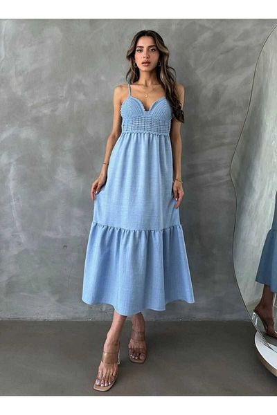 pier moda Rochie de in - Bretele subțiri și detaliu de broderie