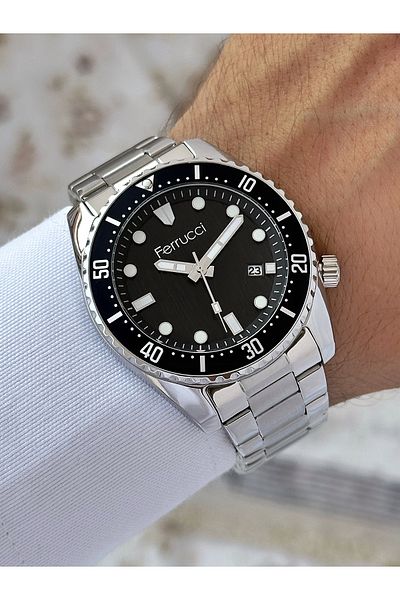 Ferrucci men's Wristwatch - Silver-black, Waterproof, Steel Cord, with Calendar