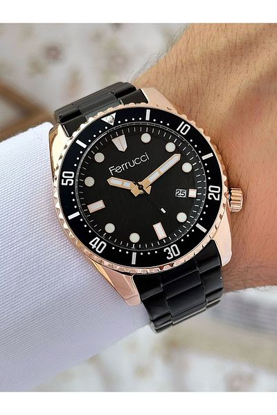 Ferrucci Men's Wristwatch - with Calendar, Black Color, Waterproof Steel Cord