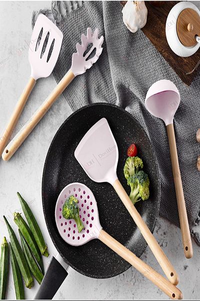 Alacarte 6 Piece Silicone Cooking Set - Wooden Handle, Heat Resistant Organizer Box