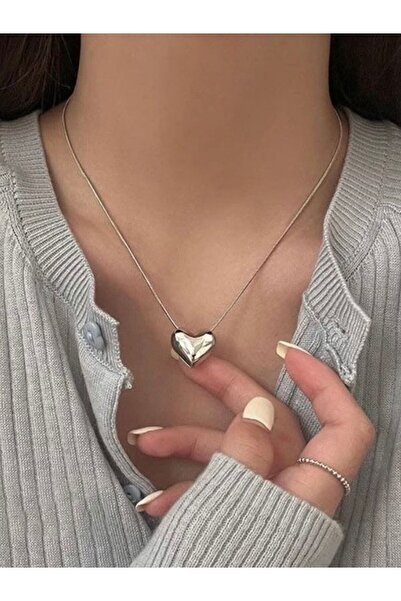 sleyshop düz zincirli büyük kalp gümüş renk kolye
