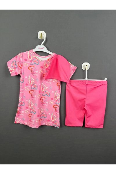 Modomood Heart Patterned Short Sleeve Girl's Swimsuit - Bonnet and Leggings 3 Piece Sea and Pool Set